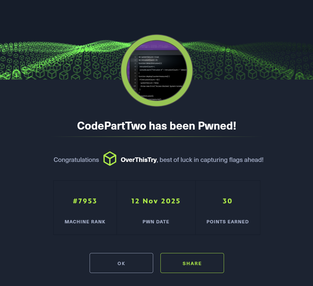CodePartTwo has been Pwned!